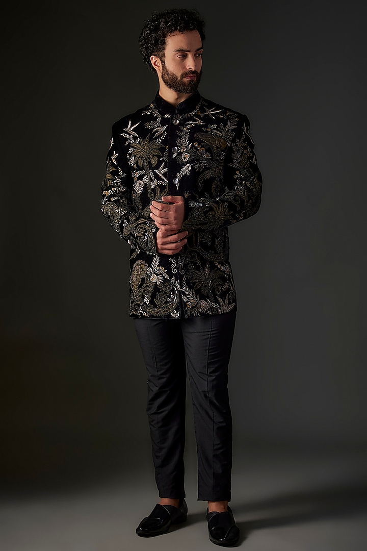 Black Silk Velvet Hand & Machine Embroidered Bandhgala by Rohit Bal Men