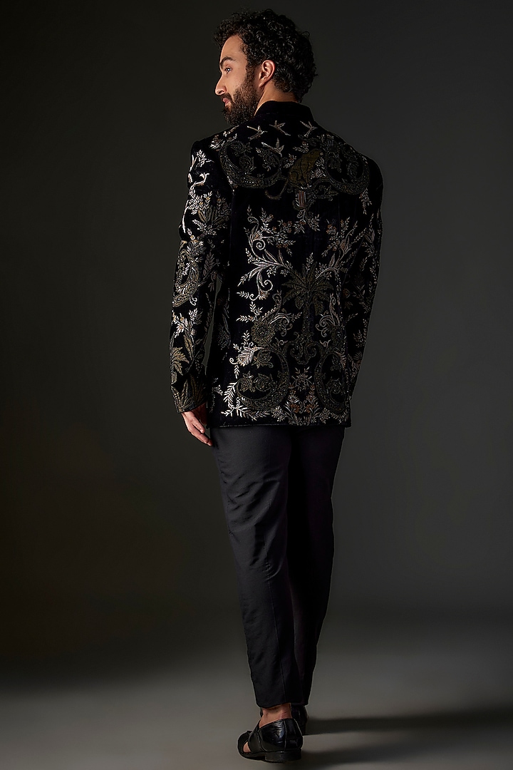 Black Silk Velvet Hand & Machine Embroidered Groom Bandhgala by Rohit Bal Men at Pernia's Pop Up Shop