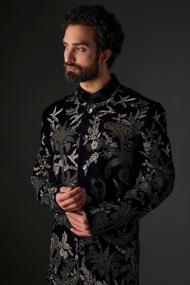 Black Silk Velvet Hand & Machine Embroidered Groom Bandhgala by Rohit Bal Men at Pernia's Pop Up Shop