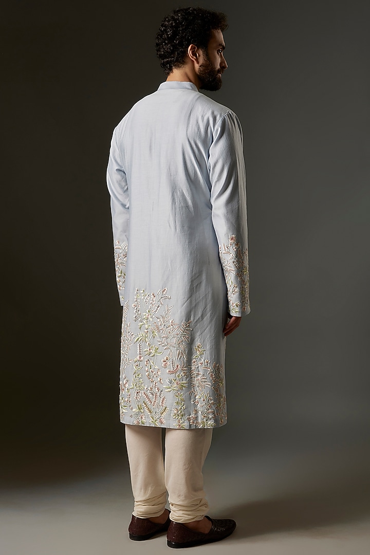 Powder Blue Chanderi Silk Hand Embroidered Kurta Set by Rohit Bal Men at Pernia's Pop Up Shop
