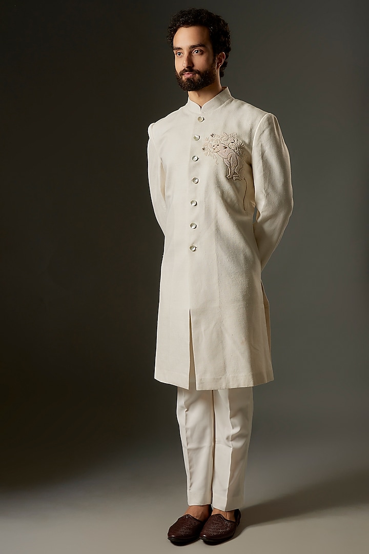 Ivory Matka Silk Beads Embroidered Groom Sherwani by Rohit Bal Men at Pernia's Pop Up Shop