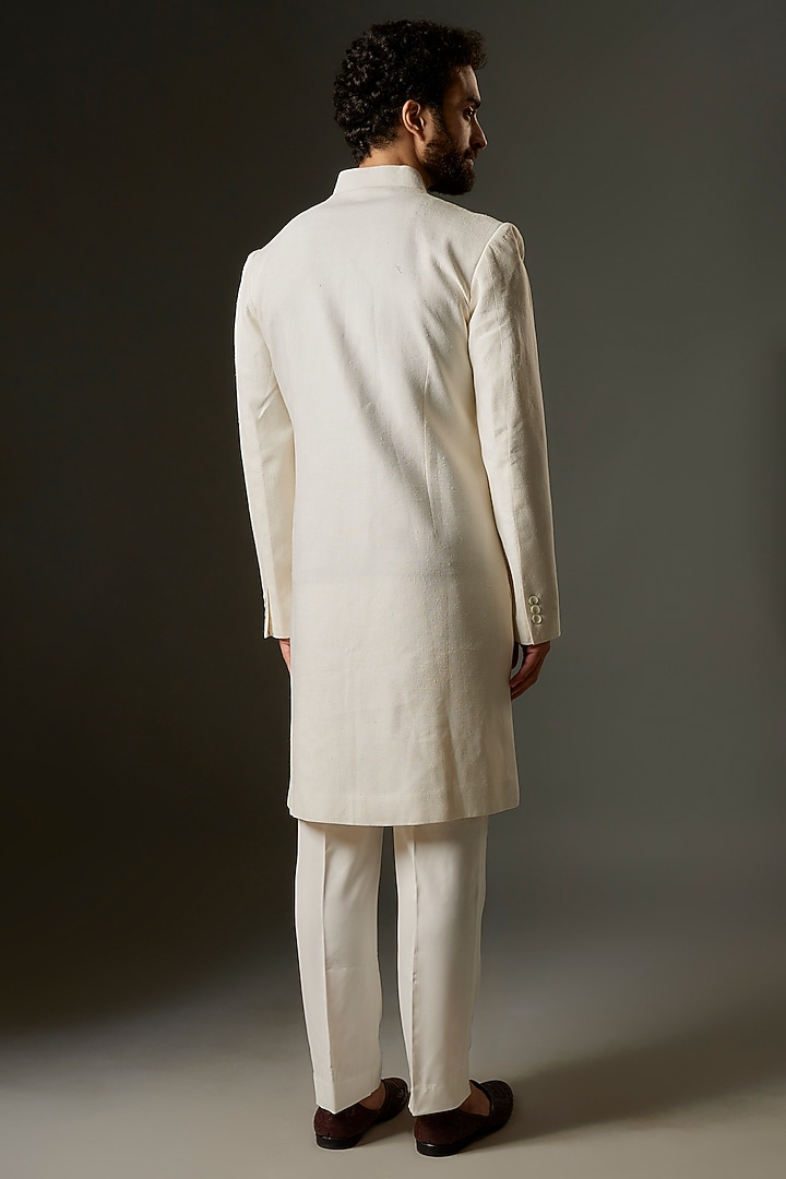 Ivory Matka Silk Beads Embroidered Groom Sherwani by Rohit Bal Men at Pernia's Pop Up Shop