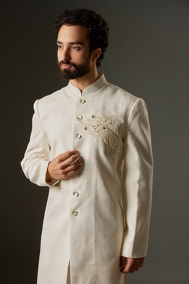 Ivory Matka Silk Beads Embroidered Groom Sherwani by Rohit Bal Men at Pernia's Pop Up Shop