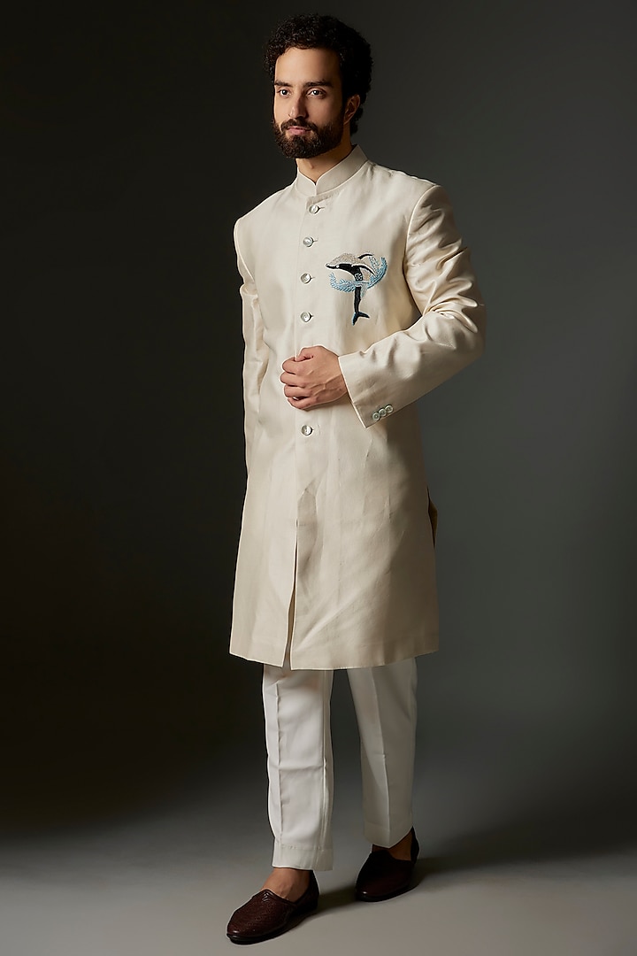 Ivory Matka Silk Applique Embroidered Sherwani by Rohit Bal Men