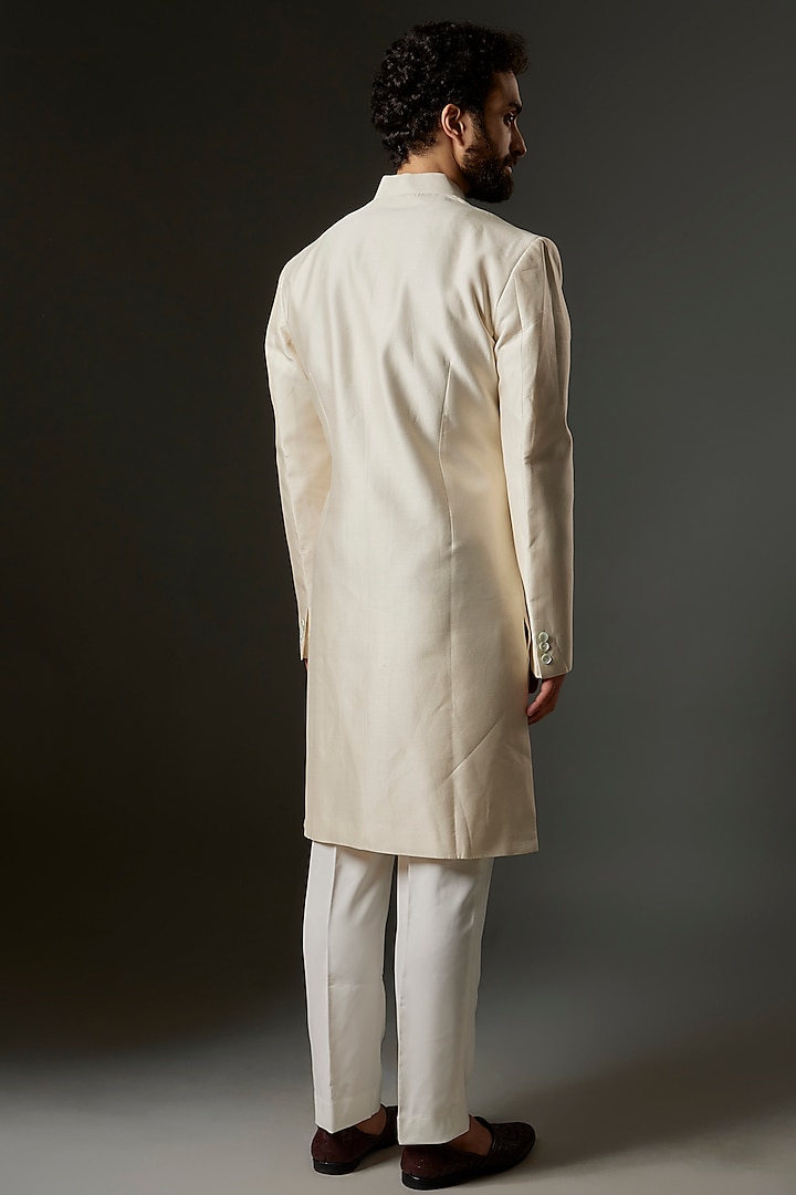 Ivory Matka Silk Applique Embroidered Groom Sherwani by Rohit Bal Men at Pernia's Pop Up Shop