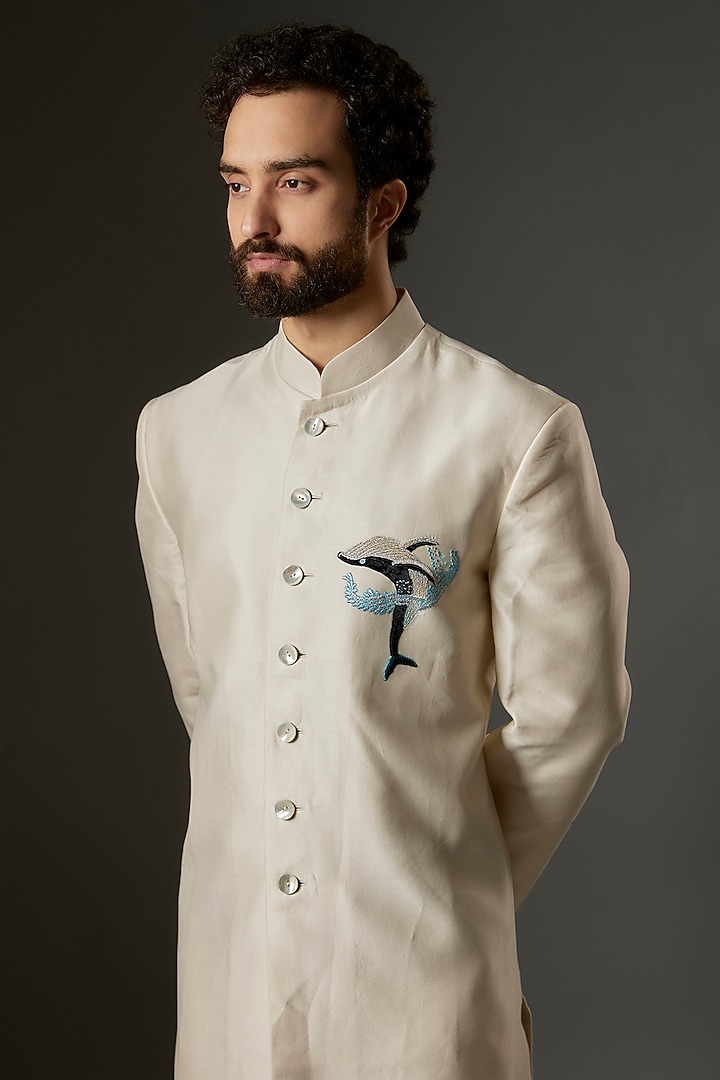 Ivory Matka Silk Applique Embroidered Groom Sherwani by Rohit Bal Men at Pernia's Pop Up Shop