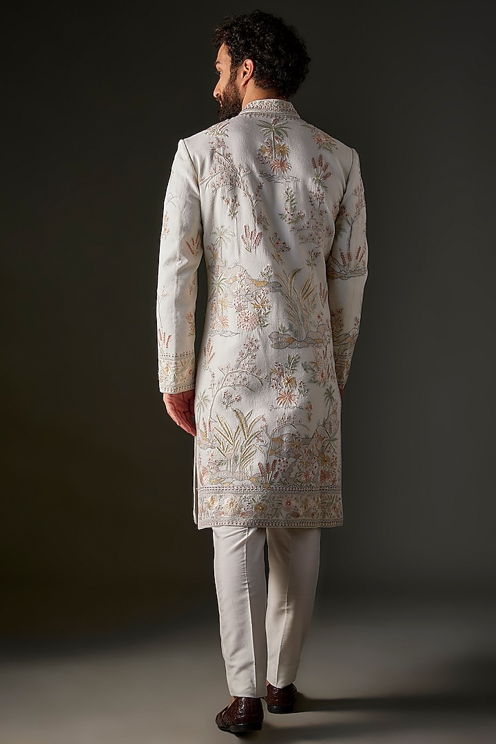 Ivory Matka Silk Hand & Machine Embroidered Groom Sherwani by Rohit Bal Men at Pernia's Pop Up Shop
