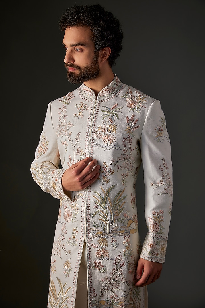 Ivory Matka Silk Hand & Machine Embroidered Groom Sherwani by Rohit Bal Men at Pernia's Pop Up Shop