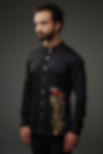 Black Poplin Thread Embroidered Shirt by Rohit Bal Men