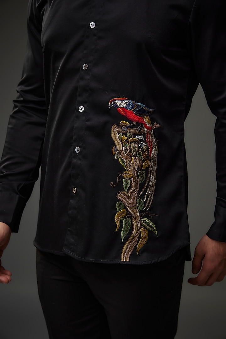 Black Poplin Thread Embroidered Party Wear Shirt by Rohit Bal Men at Pernia's Pop Up Shop