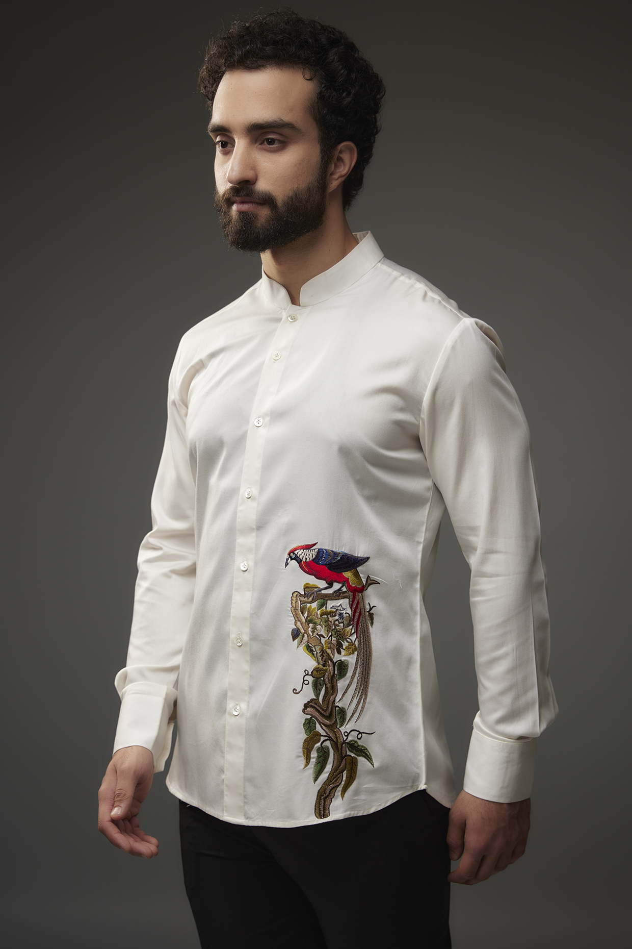 Ivory Poplin Thread Embroidered Party  start Shirt by Rohit Bal Men at Pernia's Pop Up Shop