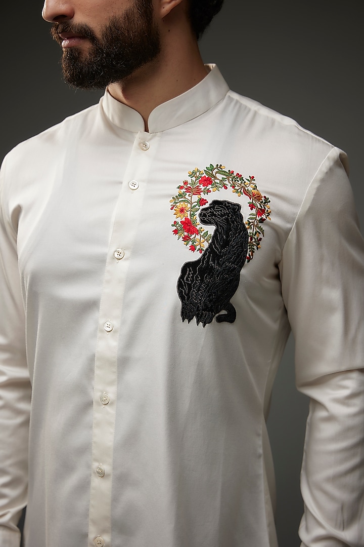 Ivory Poplin Leopard Thread Embroidered Party Wear Shirt by Rohit Bal Men at Pernia's Pop Up Shop