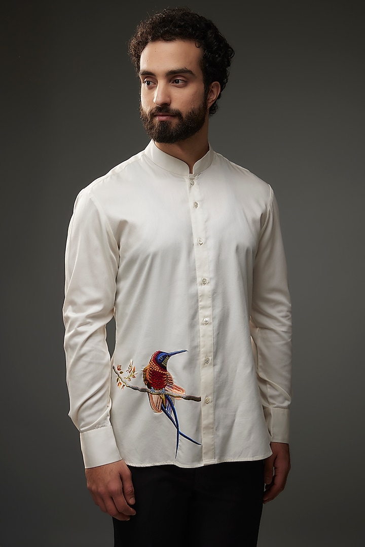Ivory Poplin Thread Embroidered Shirt by Rohit Bal Men