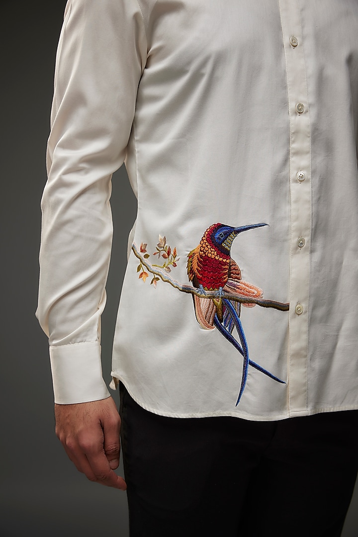 Ivory Poplin Thread Embroidered Party Wear Shirt by Rohit Bal Men at Pernia's Pop Up Shop