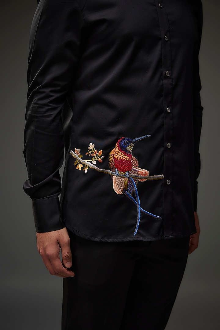 Black Poplin Thread Embroidered Party Wear Shirt by Rohit Bal Men at Pernia's Pop Up Shop