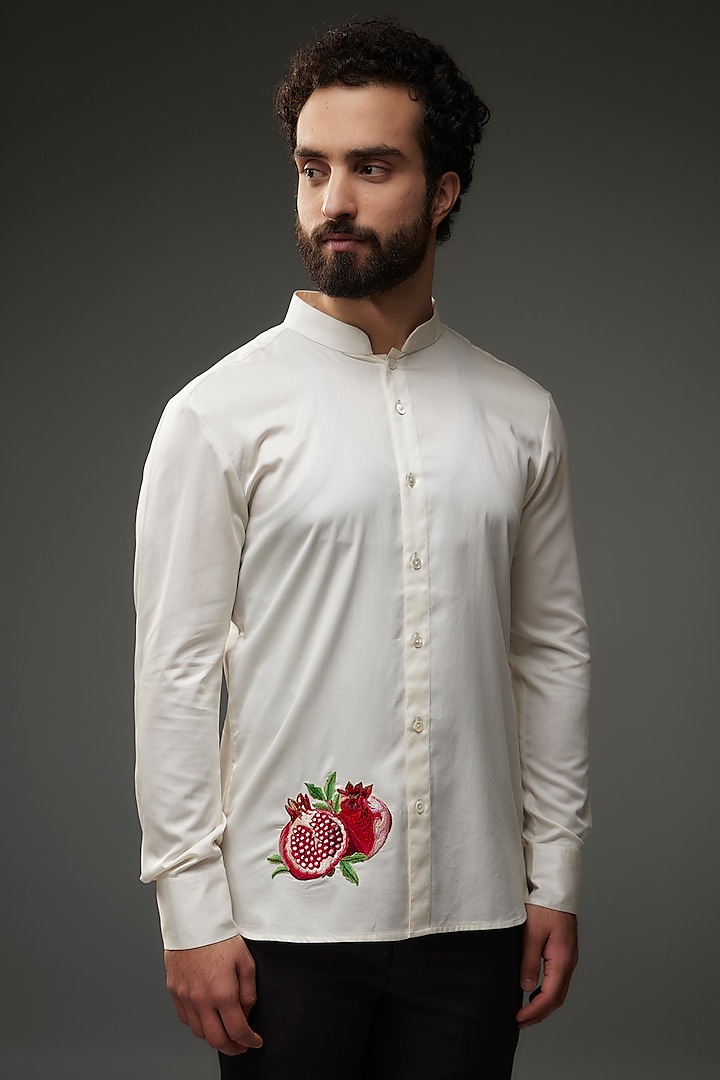 Ivory Poplin Thread Embroidered Shirt by Rohit Bal Men