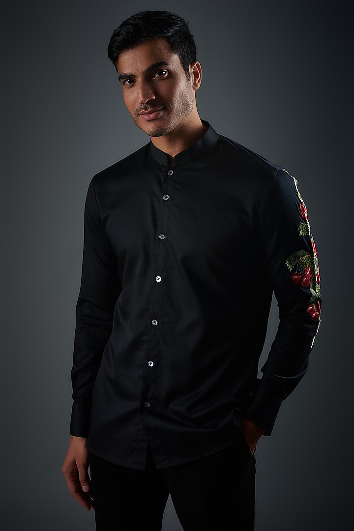 Black Poplin Thread Embroidered Shirt by Rohit Bal Men