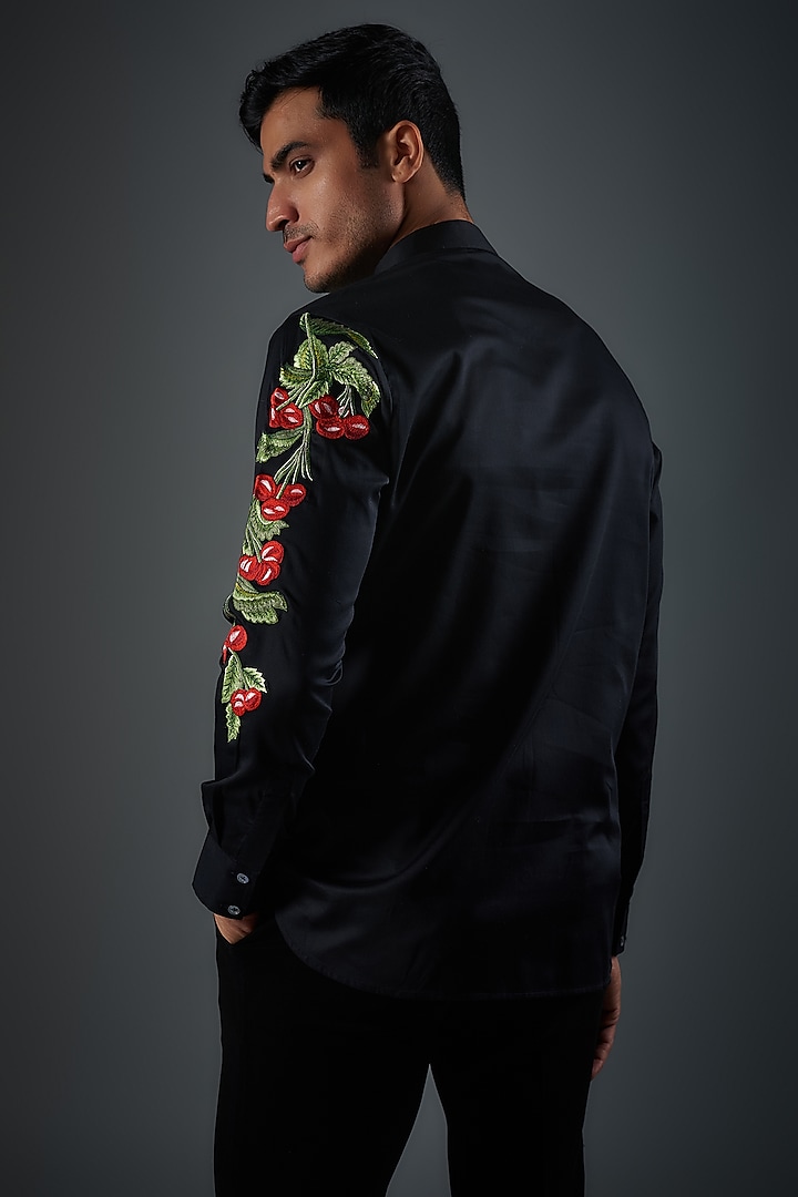 Black Poplin Thread Embroidered Wedding Shirt by Rohit Bal Men at Pernia's Pop Up Shop