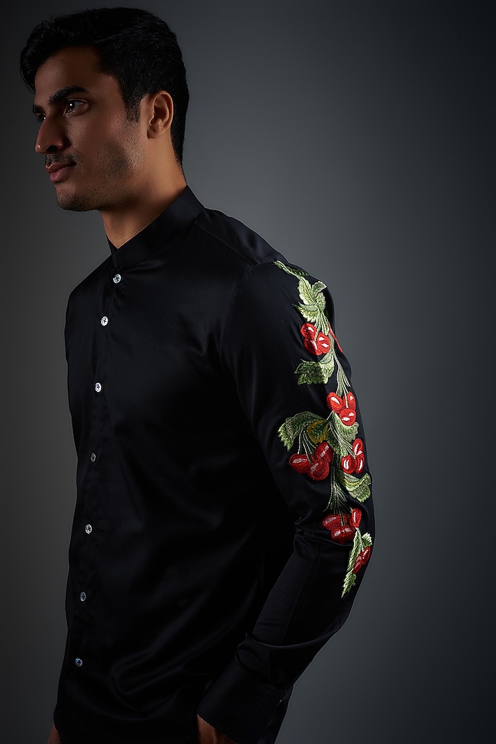 Black Poplin Thread Embroidered Wedding Shirt by Rohit Bal Men at Pernia's Pop Up Shop