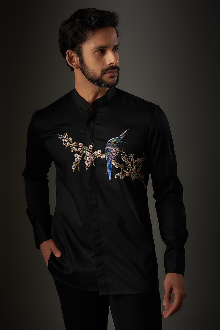 Black Poplin Thread Embroidered Shirt by Rohit Bal Men