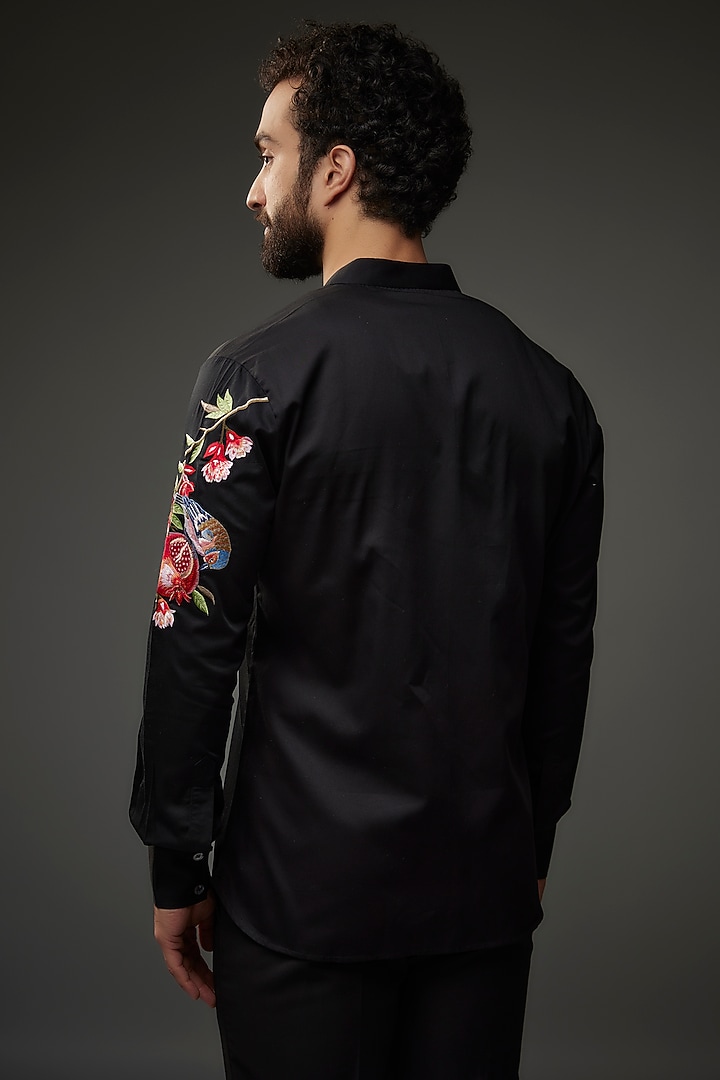 Black Poplin Thread Embroidered Wedding Shirt by Rohit Bal Men at Pernia's Pop Up Shop