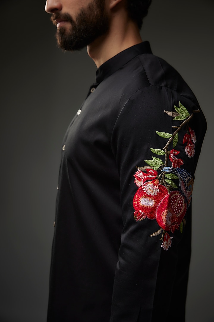 Black Poplin Thread Embroidered Wedding Shirt by Rohit Bal Men at Pernia's Pop Up Shop