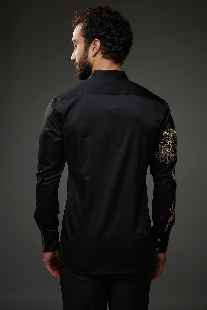 Black Poplin Thread Embroidered Wedding Shirt by Rohit Bal Men at Pernia's Pop Up Shop