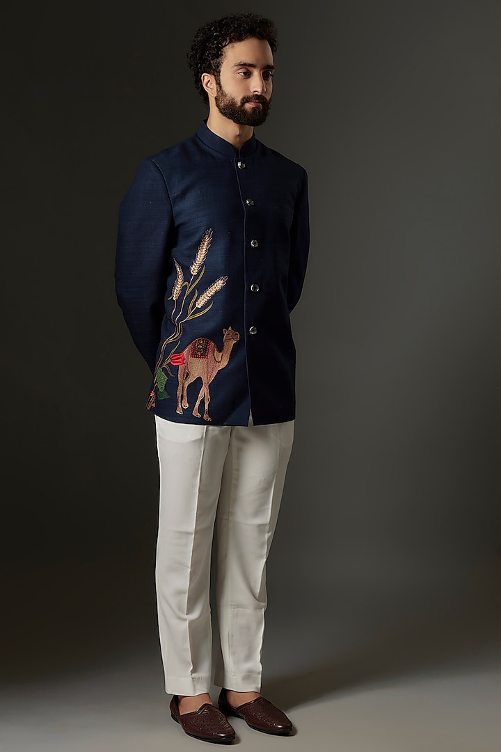 Indigo Blue Matka Silk Bead Embroidered Wedding Bandhgala by Rohit Bal Men at Pernia's Pop Up Shop