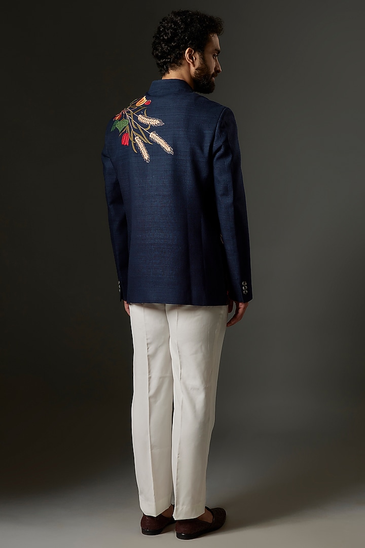Indigo Blue Matka Silk Bead Embroidered Wedding Bandhgala by Rohit Bal Men at Pernia's Pop Up Shop