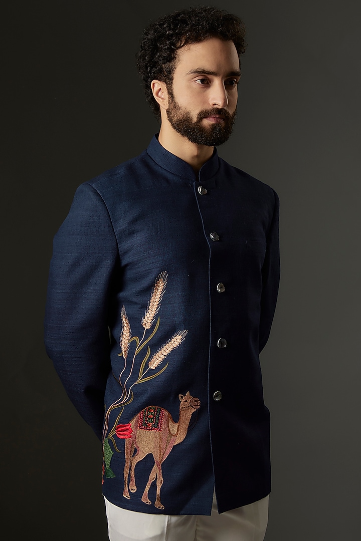 Indigo Blue Matka Silk Bead Embroidered Wedding Bandhgala by Rohit Bal Men at Pernia's Pop Up Shop