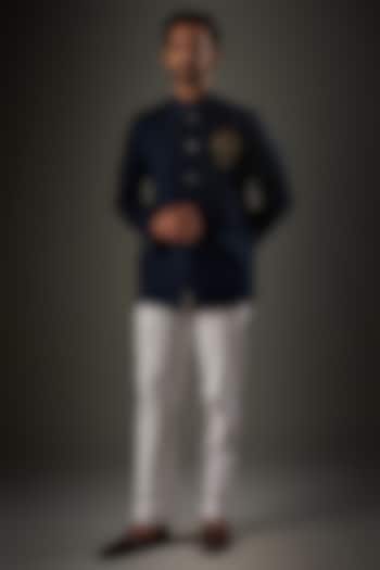 Navy Blue Matka Silk Animal Embroidered Wedding Bandhgala by Rohit Bal Men at Pernia's Pop Up Shop