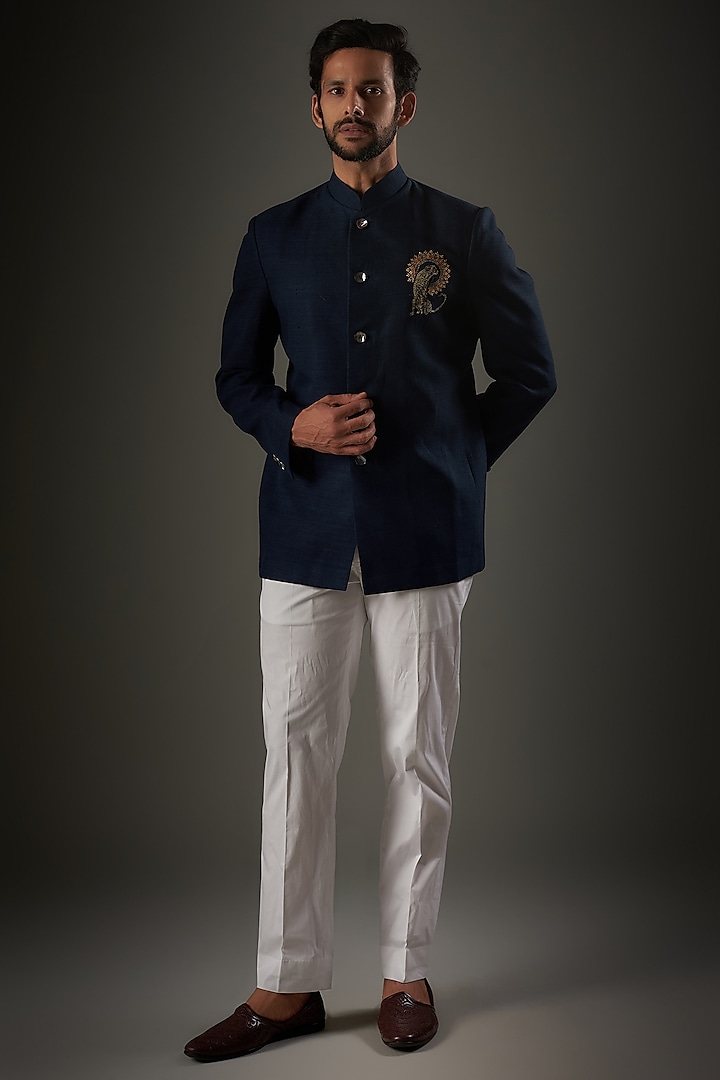 Navy Blue Matka Silk Animal Embroidered Wedding Bandhgala by Rohit Bal Men at Pernia's Pop Up Shop