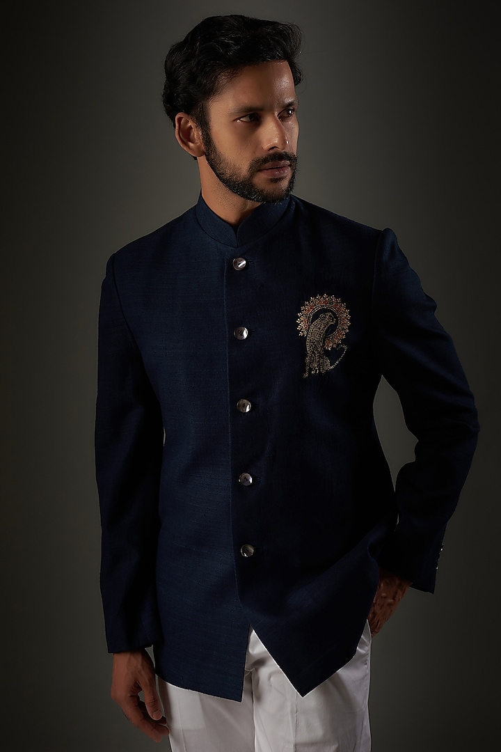 Navy Blue Matka Silk Animal Embroidered Wedding Bandhgala by Rohit Bal Men at Pernia's Pop Up Shop
