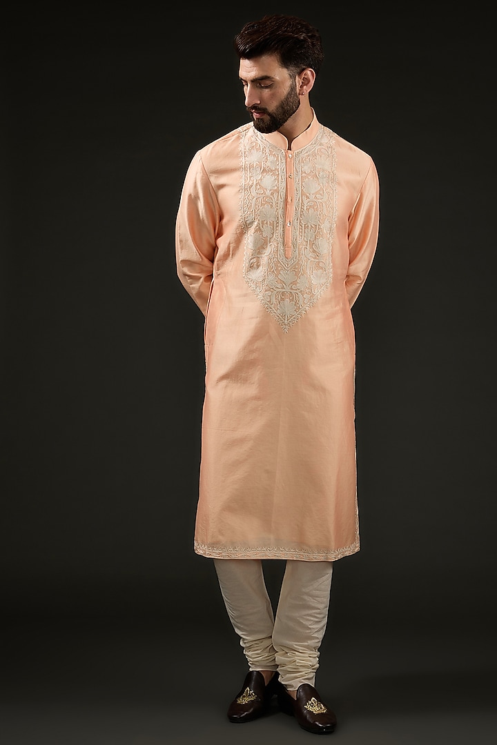 Peach Chanderi Silk Zari Embroidered Kurta Set by Rohit Bal Men