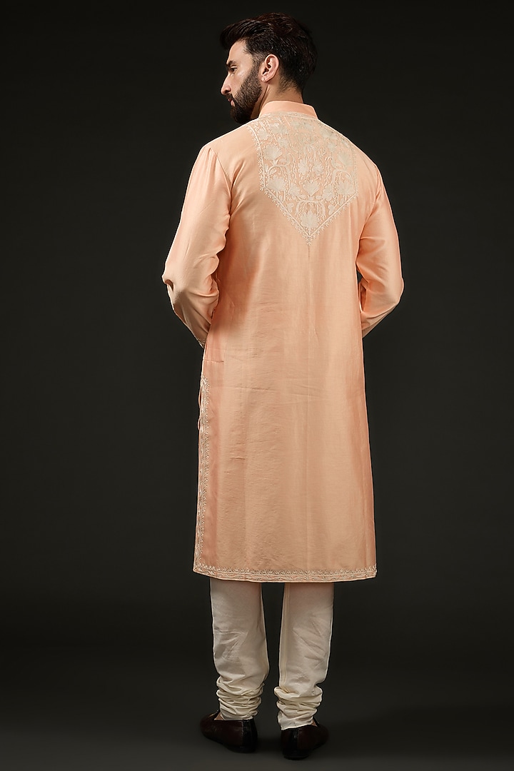 Peach Chanderi Silk Zari Embroidered Kurta Set by Rohit Bal Men at Pernia's Pop Up Shop