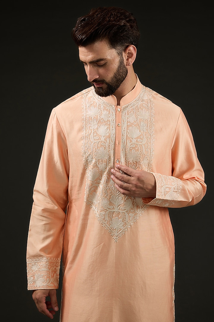 Peach Chanderi Silk Zari Embroidered Kurta Set by Rohit Bal Men at Pernia's Pop Up Shop