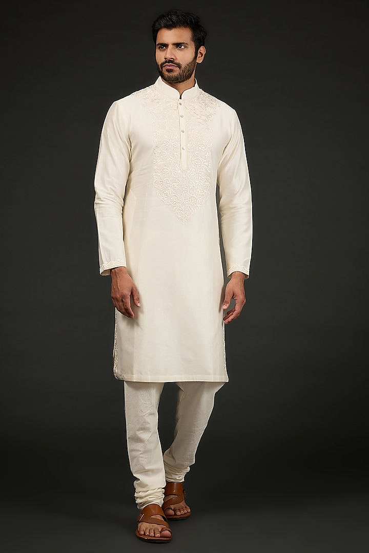 Ivory Chanderi Silk Resham Embroidered Kurta Set by Rohit Bal Men