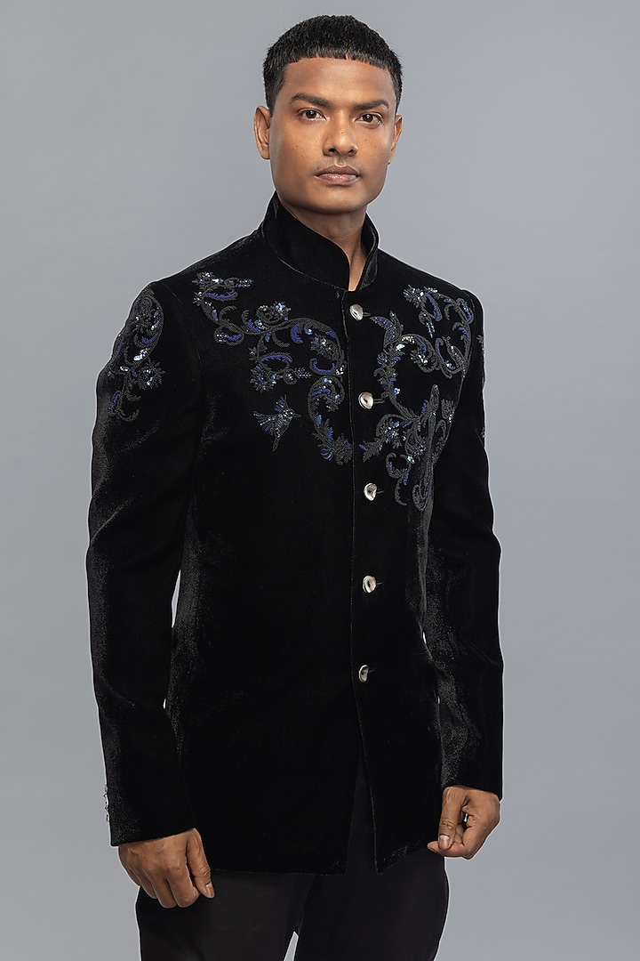 Black Velvet Embroidered Groom Bandhgala Jacket by Rohit Bal Men at Pernia's Pop Up Shop