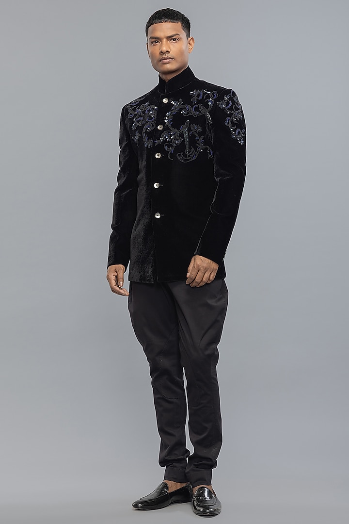 Black Velvet Embroidered Groom Bandhgala Jacket by Rohit Bal Men at Pernia's Pop Up Shop