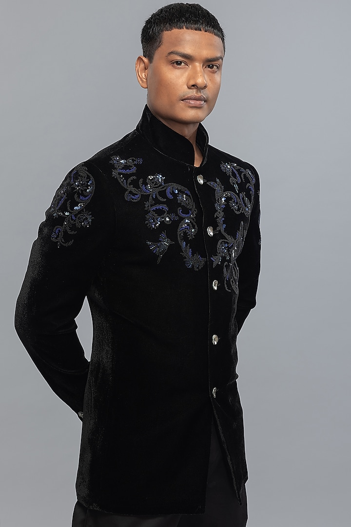Black Velvet Embroidered Groom Bandhgala Jacket by Rohit Bal Men at Pernia's Pop Up Shop