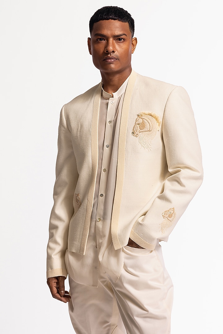 Ivory Matka Silk Embroidered Groom Bandhgala Jacket by Rohit Bal Men at Pernia's Pop Up Shop