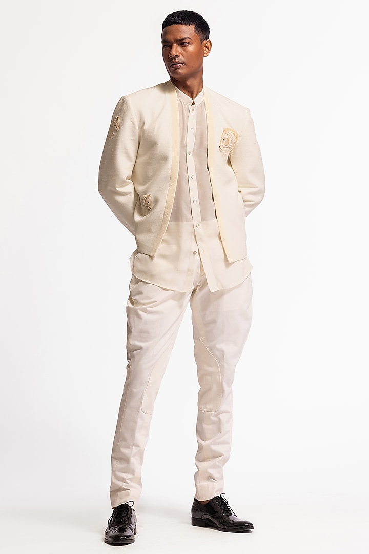 Ivory Matka Silk Embroidered Groom Bandhgala Jacket by Rohit Bal Men at Pernia's Pop Up Shop