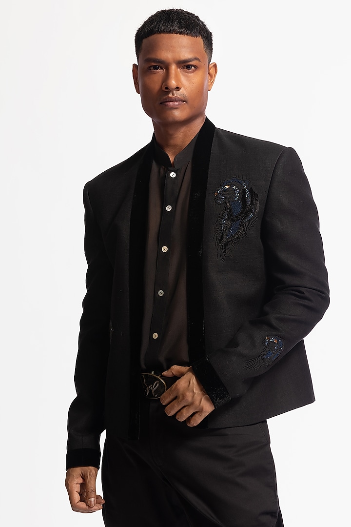 Black Matka Silk Embroidered Wedding Bandhgala Jacket by Rohit Bal Men at Pernia's Pop Up Shop