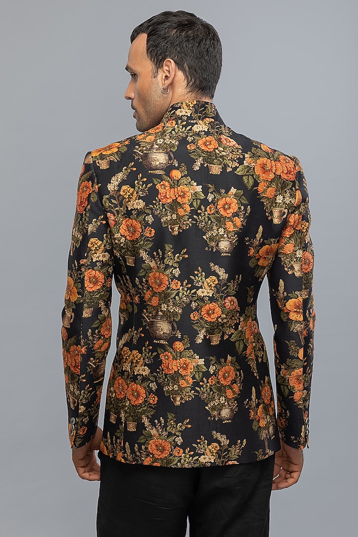 Black Dupion Silk Floral Printed Groom Bandhgala Jacket by Rohit Bal Men at Pernia's Pop Up Shop
