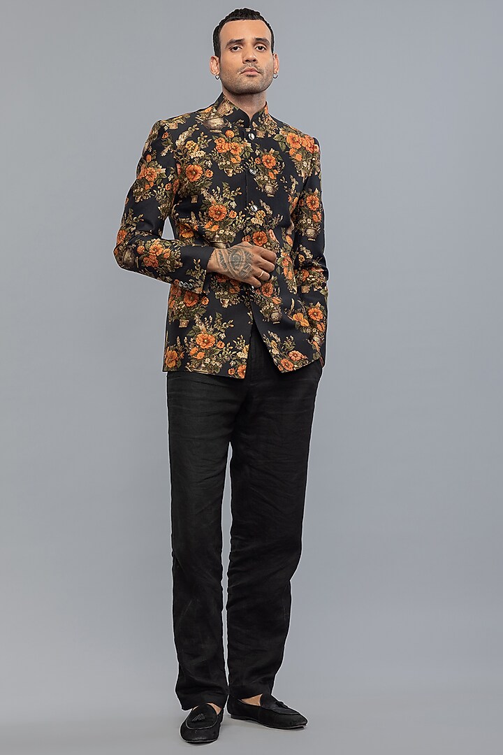 Black Dupion Silk Floral Printed Groom Bandhgala Jacket by Rohit Bal Men at Pernia's Pop Up Shop