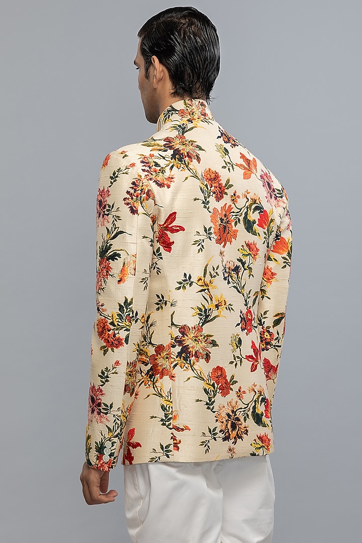 Ivory Dupion Silk Floral Printed Groom Bandhgala Jacket by Rohit Bal Men at Pernia's Pop Up Shop