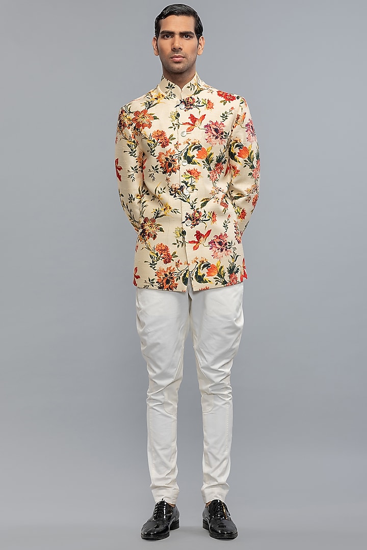 Ivory Dupion Silk Floral Printed Groom Bandhgala Jacket by Rohit Bal Men at Pernia's Pop Up Shop