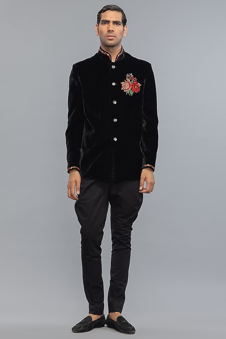 Black Velvet Embroidered Groom Bandhgala Jacket by Rohit Bal Men at Pernia's Pop Up Shop