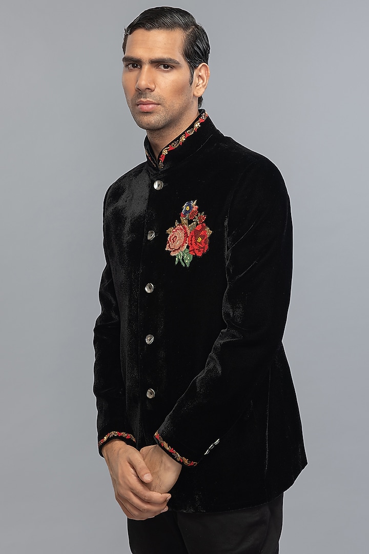 Black Velvet Embroidered Groom Bandhgala Jacket by Rohit Bal Men at Pernia's Pop Up Shop