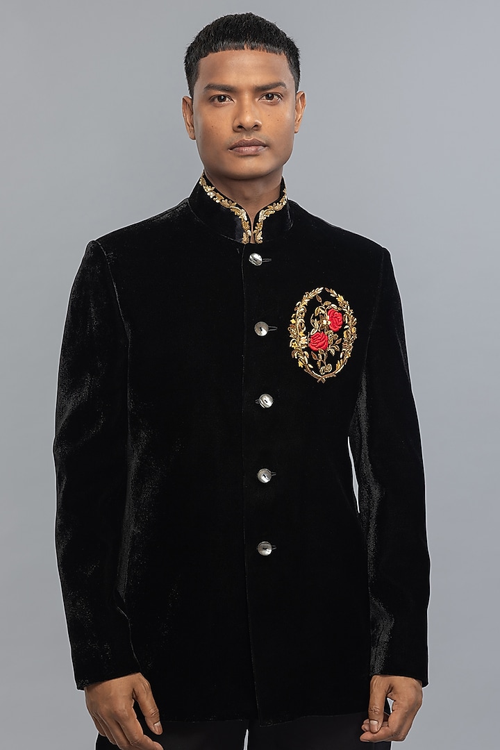 Black Velvet Embroidered Groom Bandhgala Jacket by Rohit Bal Men at Pernia's Pop Up Shop